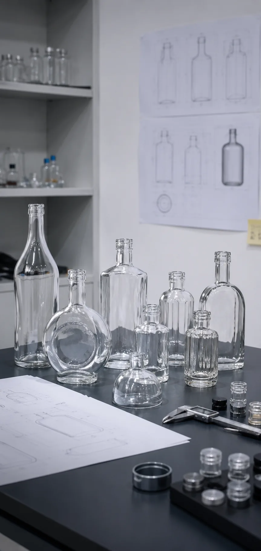 Engineer reviewing glass bottle structure with samples and measuring tools