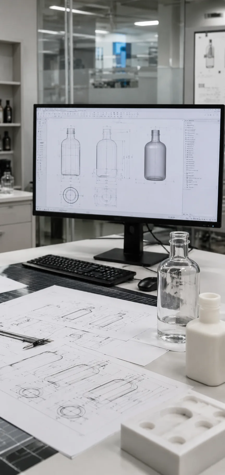 Engineer reviewing 2D and 3D glass bottle drawings with prototypes