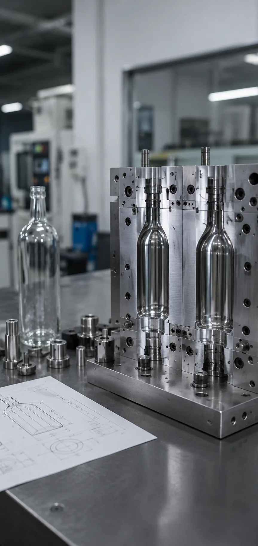 Technician inspecting custom glass bottle mold in machining workshop