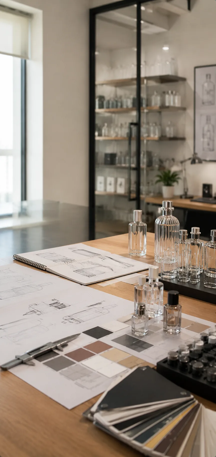 Packaging team reviewing custom glass bottle requirements with samples and drawings