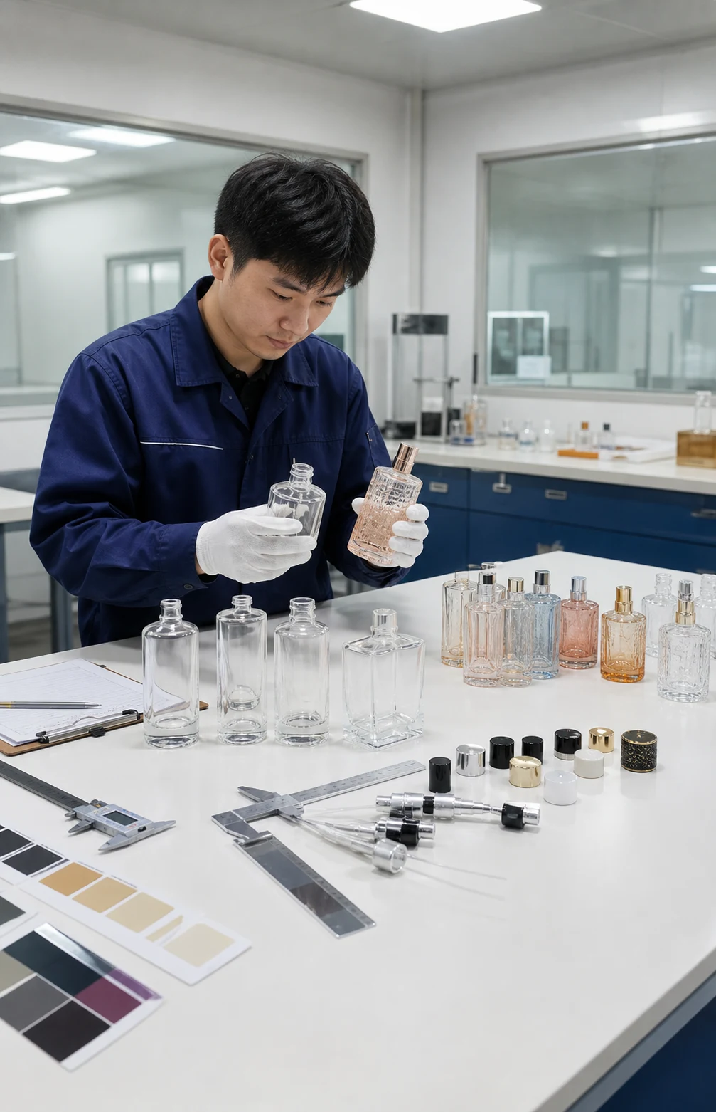 Quality technician checking glass bottle samples, closures, dimensions and decoration colors