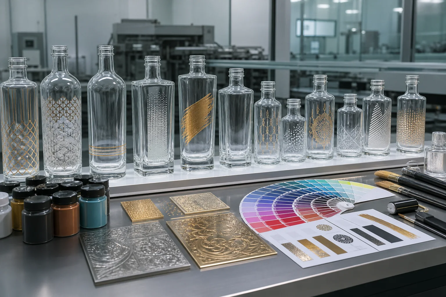 Surface decoration samples with glass bottles, color swatches and hot stamping plates