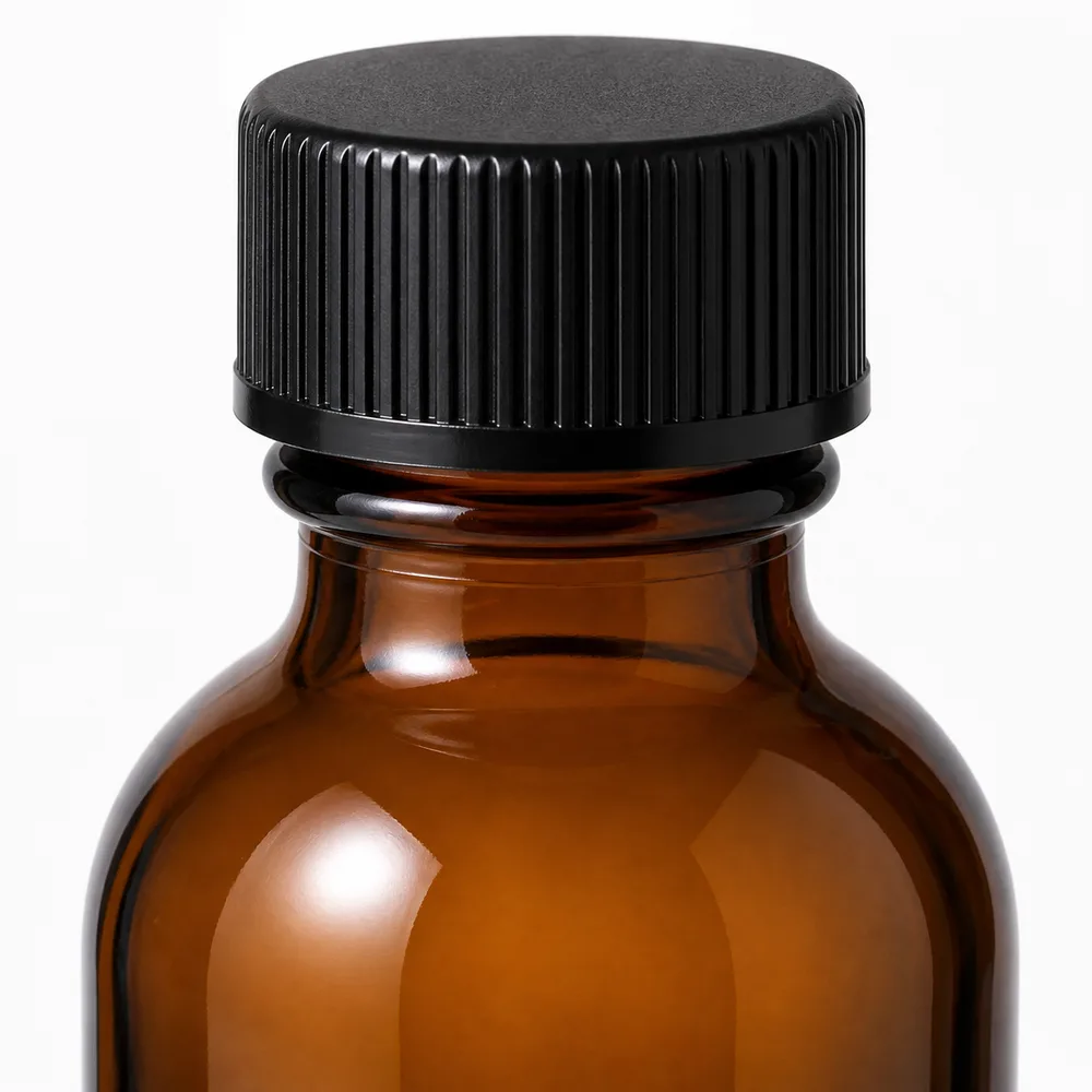 Amber Boston Round Glass Bottle with amber glass body and closure fit - packing view