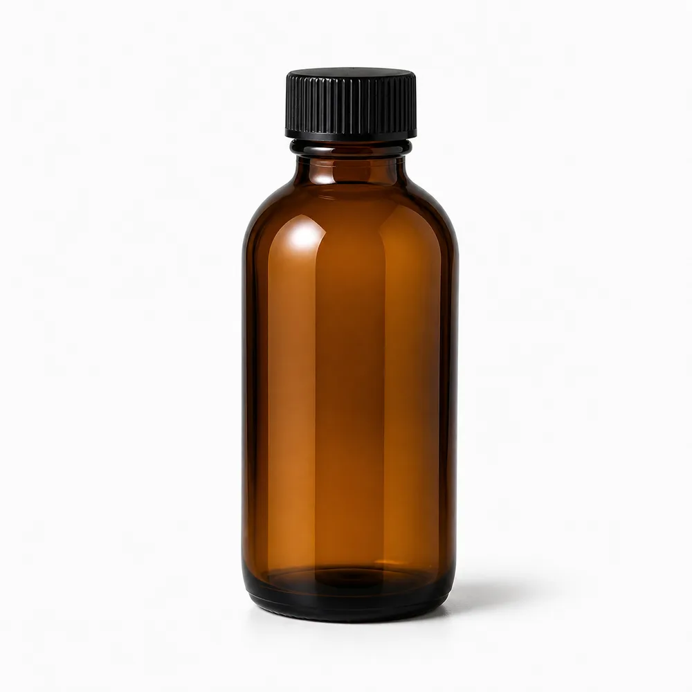 Amber Boston Round Glass Bottle with amber glass body and closure fit - decoration view