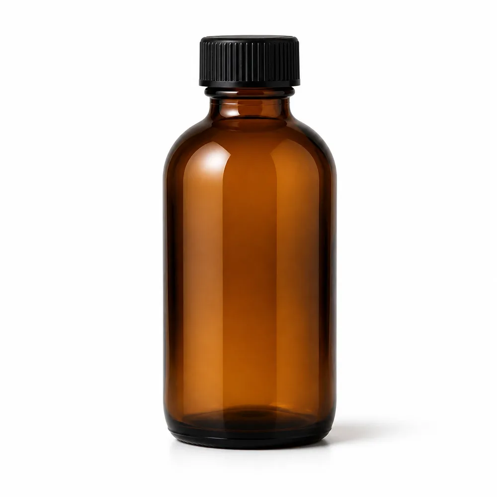 Amber Boston Round Glass Bottle with amber glass body and closure fit - front view