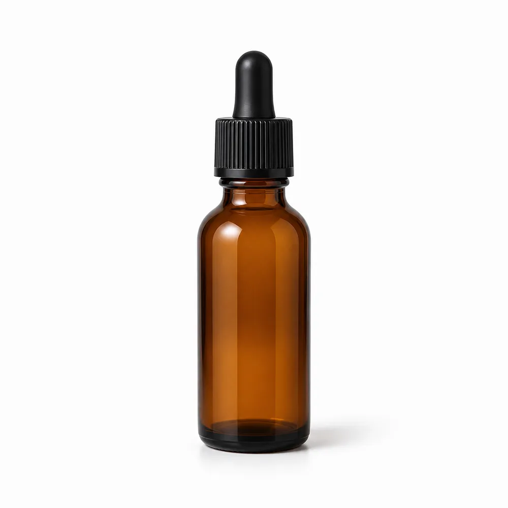 Amber Cosmetic Serum Bottle with amber glass body and closure fit - front view