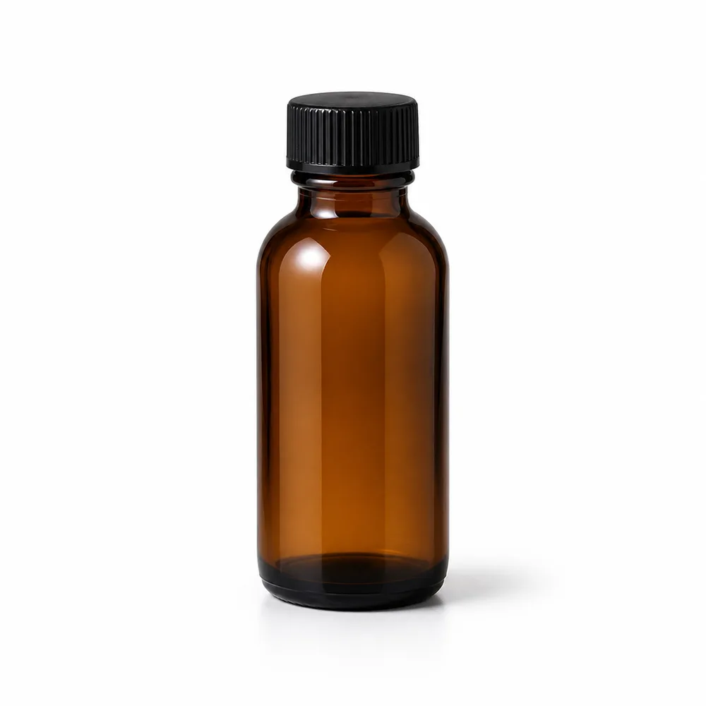 Amber Small Liquid Glass Bottle with amber glass body and closure fit - decoration view