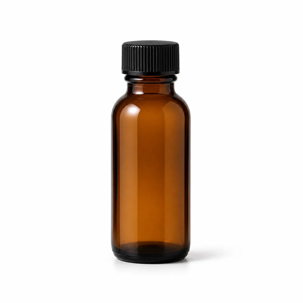 Amber Small Liquid Glass Bottle with amber glass body and closure fit - front view
