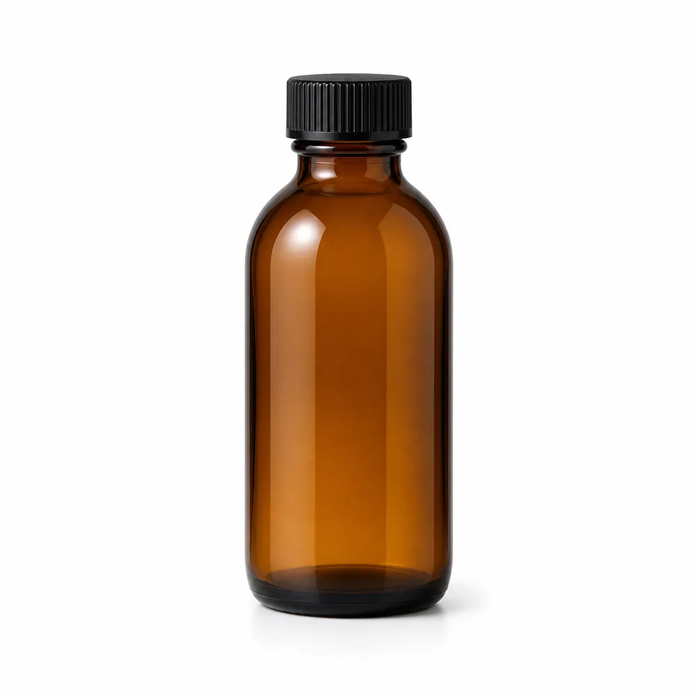 Amber Specialty Liquid Glass Bottle with amber glass body and closure fit - front view