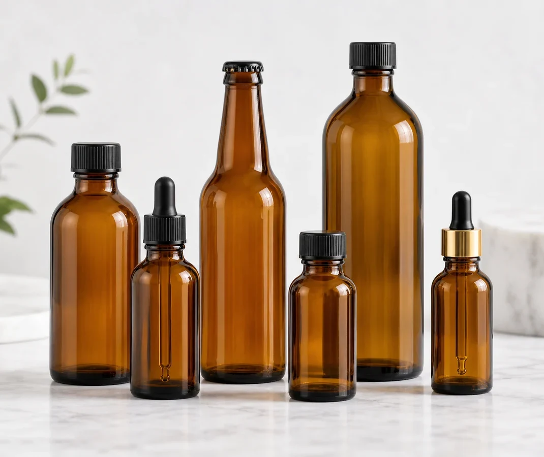 Amber glass bottle product family including Boston round, dropper, beer, wine, olive oil and serum bottles
