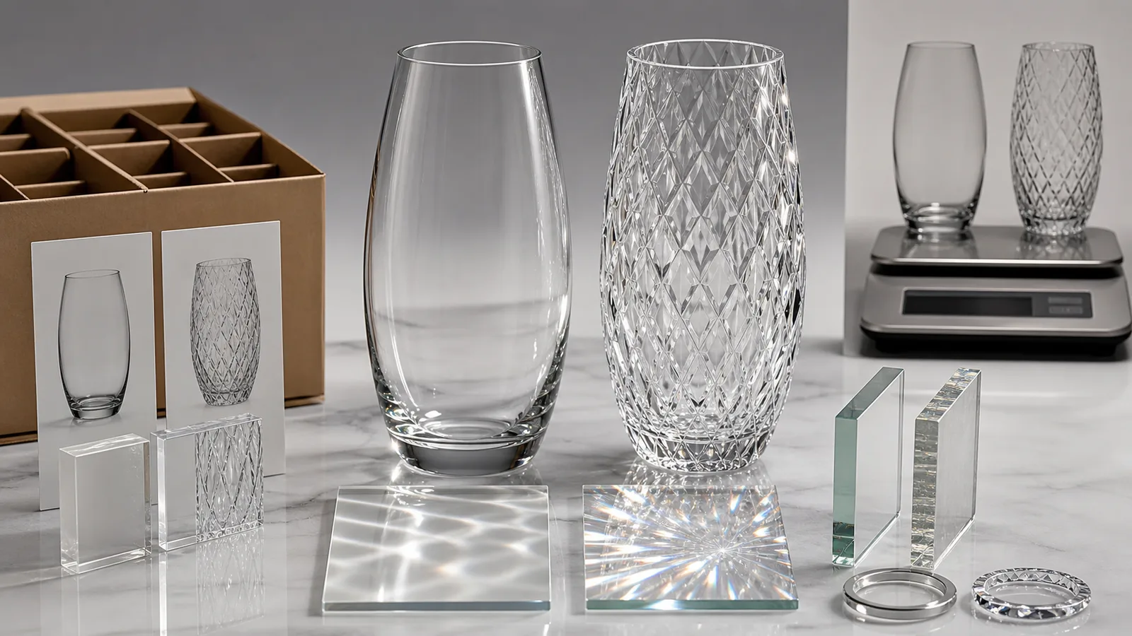 Clear glass vase and crystal-look patterned vase compared with refraction cards, scale and carton insert