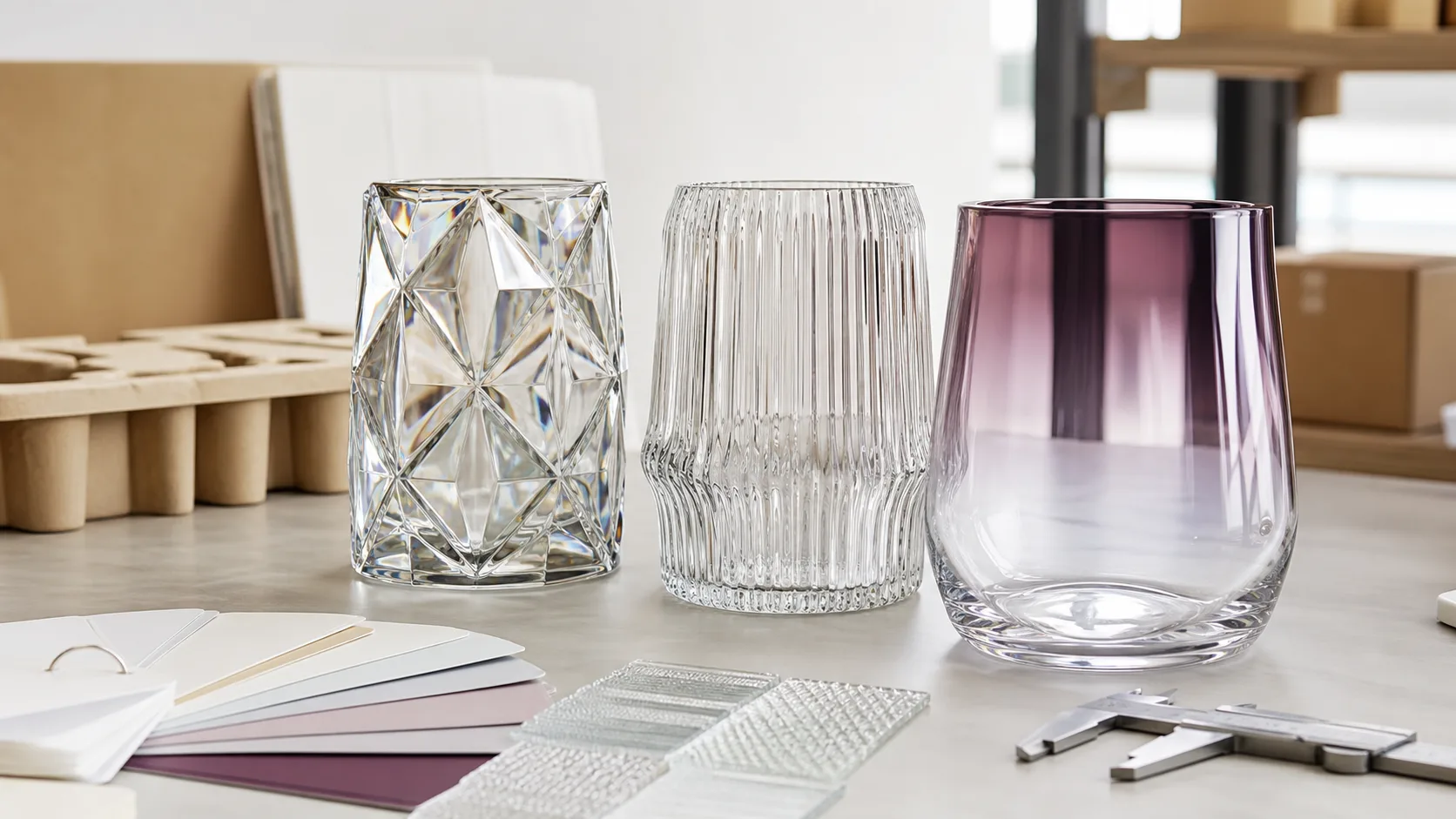 Faceted, embossed and color-sprayed decorative glass products compared with swatch cards, caliper and carton insert