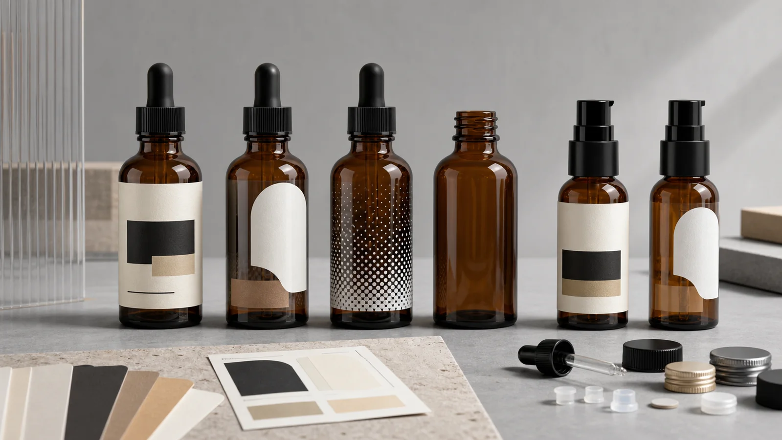 Amber dropper and serum bottles compared with opaque, clear and direct-print label design options