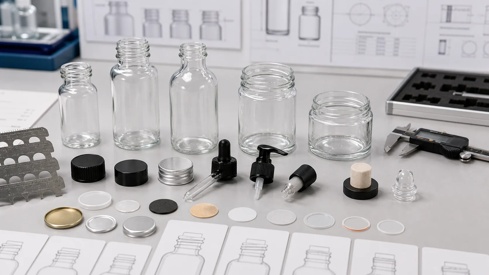Glass bottle and jar neck finishes compared with caps, pumps, droppers, stoppers, liners, gauges and caliper