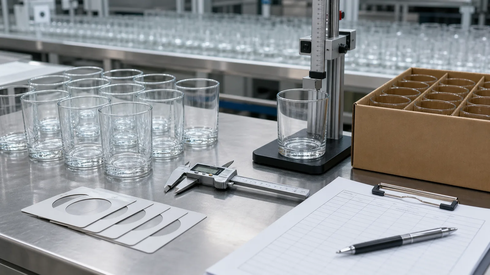 Rows of clear glass cups inspected with height gauge, caliper, rim templates, blank checklist and carton cells