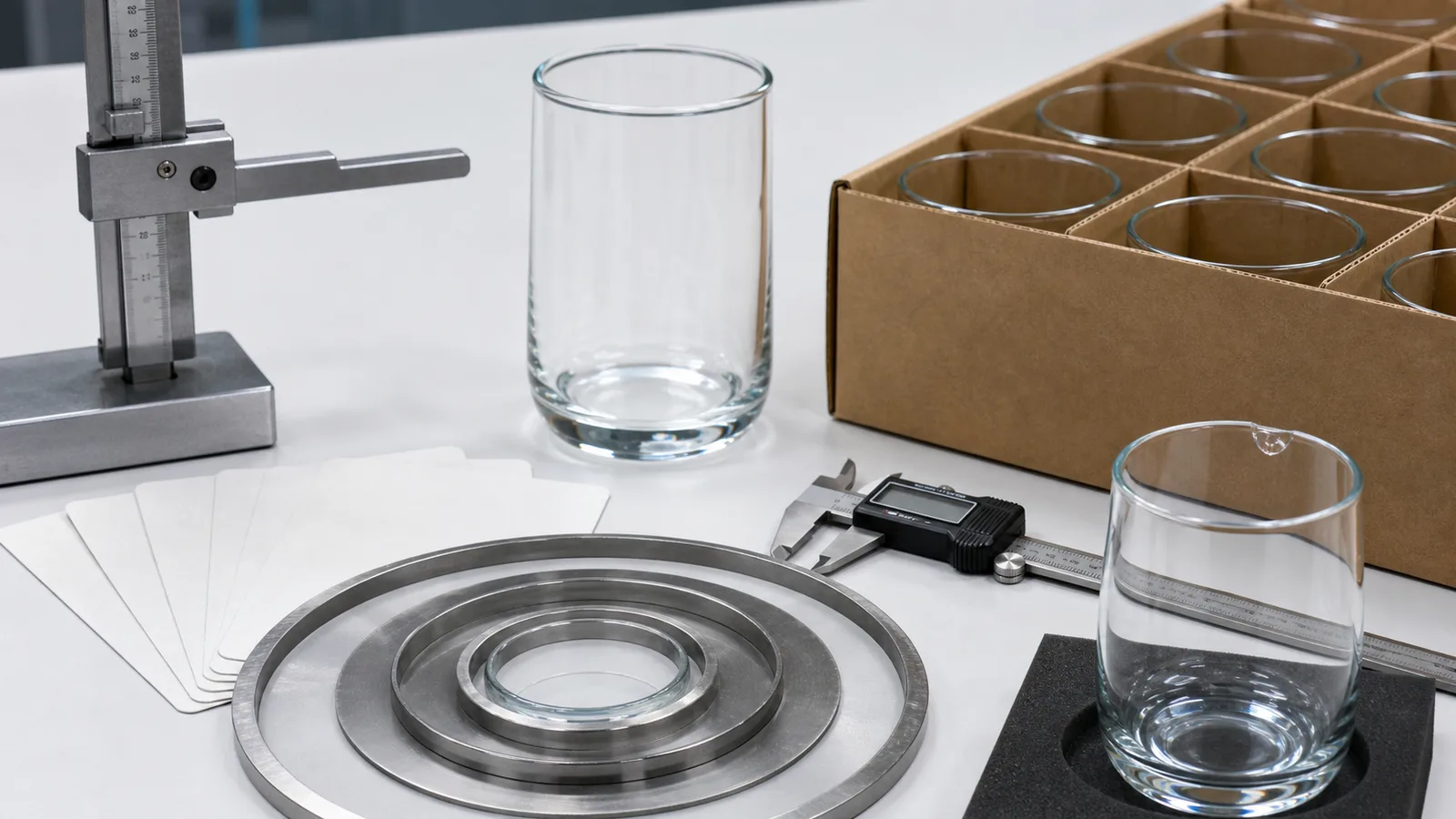 Glass cup rim diameter and rim thickness checked with metal gauges, caliper, height tool and carton divider