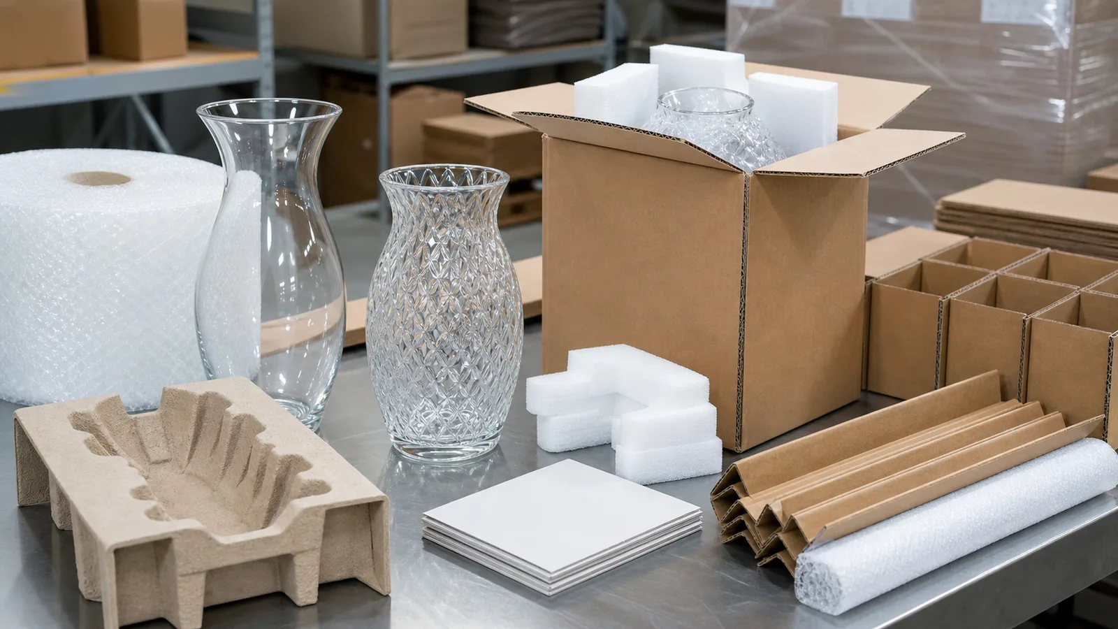 Decorative glass vases packed with molded pulp insert, foam blocks, carton dividers and blank export packing cards