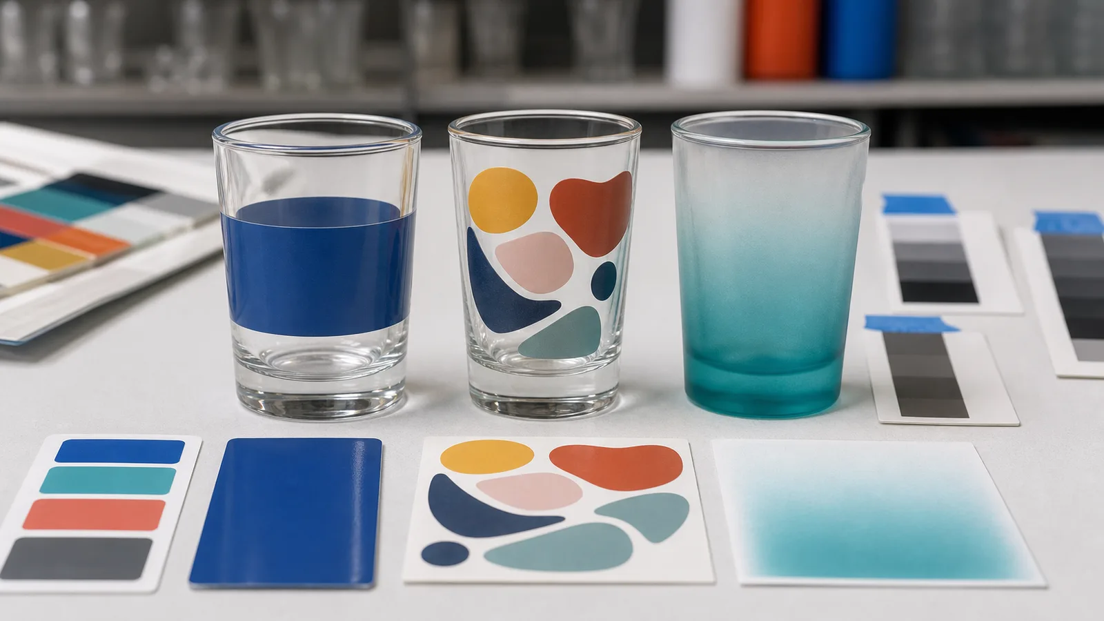 Glass cups decorated with screen print blocks, decal shapes and color spray beside ink swatches and test cards