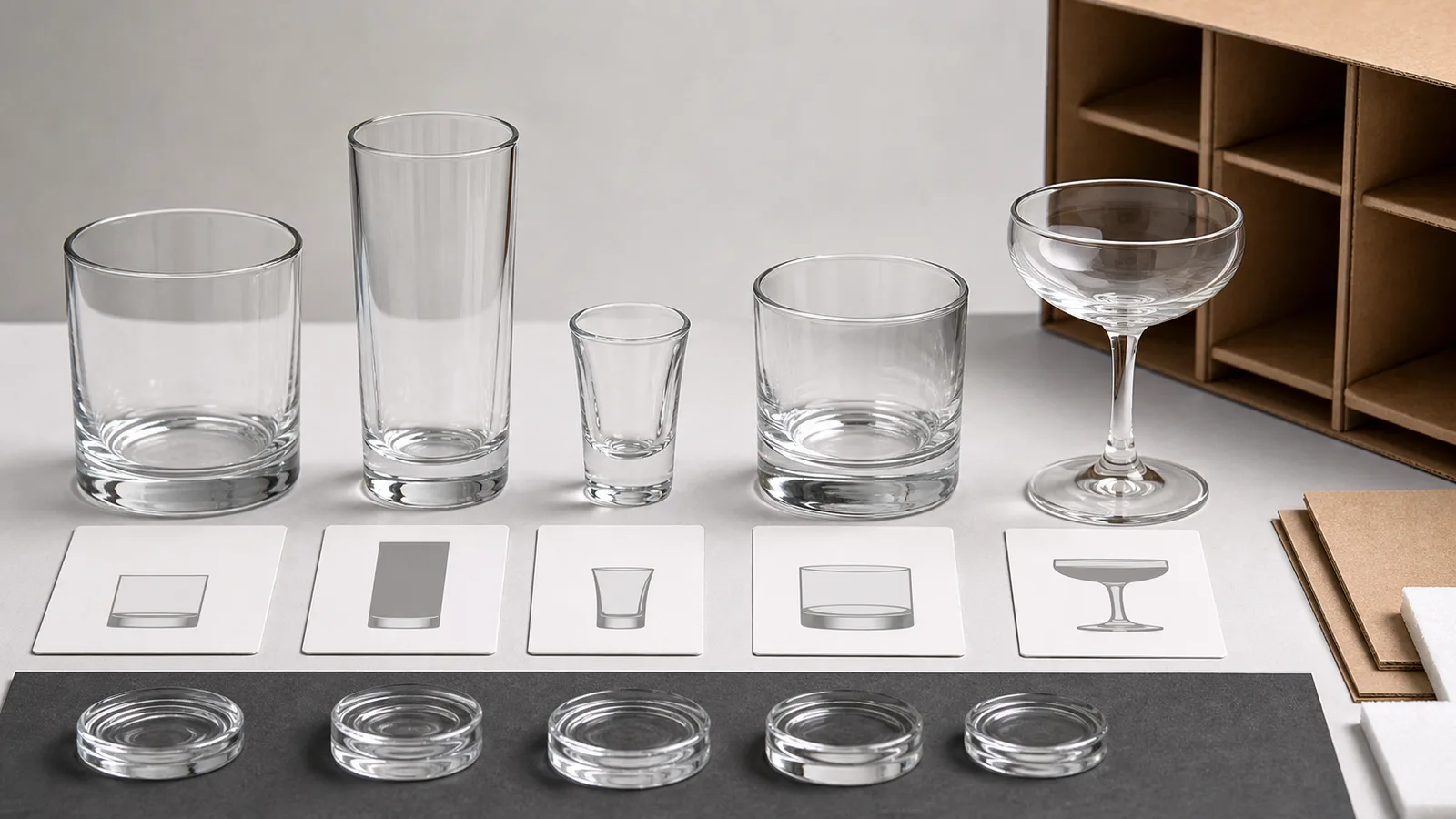 Tumbler, highball glass, shot glass, whiskey glass and coupe compared with base samples and carton cells