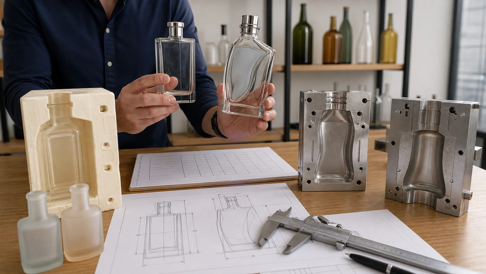 Custom glass bottle prototypes, mold parts, drawings and caliper reviewed on a sourcing meeting table