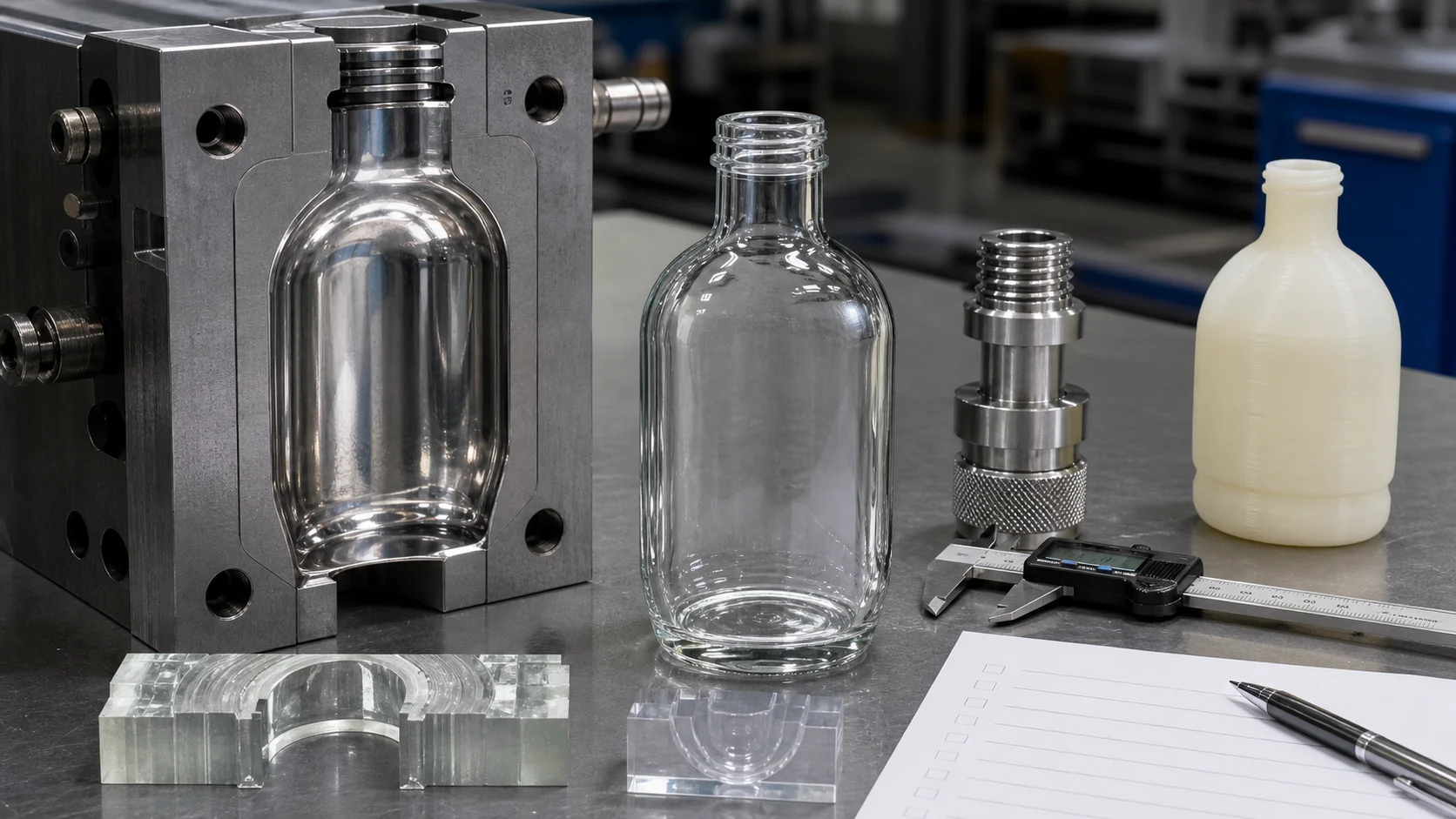 Glass bottle mold inserts and prototypes checked with caliper in a tooling workshop