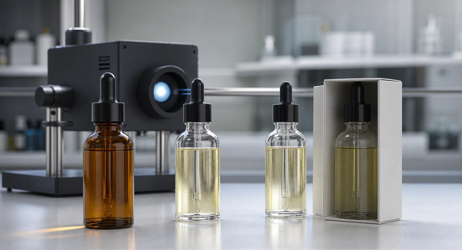Amber and clear dropper bottles compared with a clear bottle shielded by an opaque carton during light-transmission evaluation
