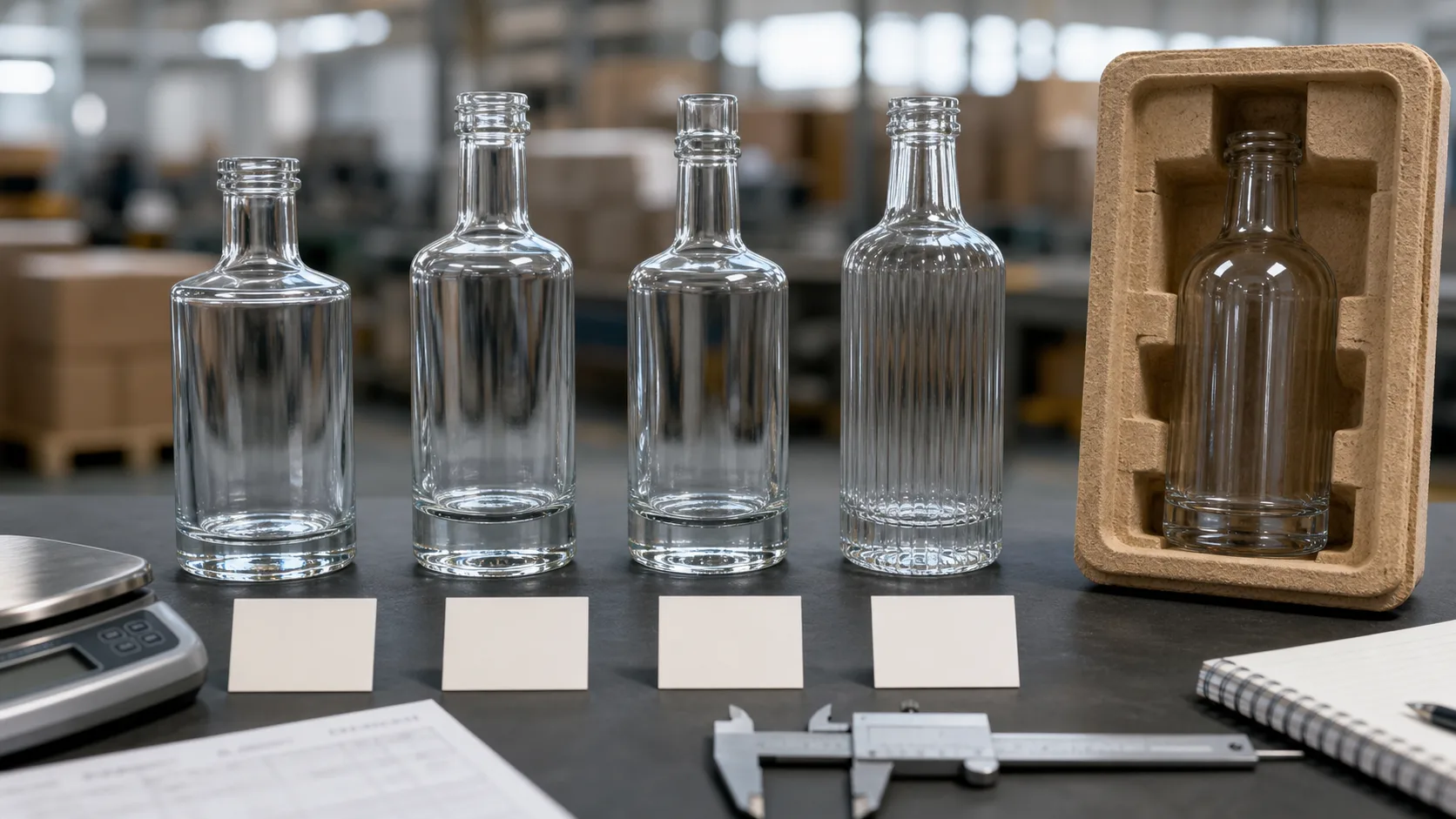 Similar glass bottles compared with blank price cards, molded pulp insert, scale and caliper on a factory sourcing table