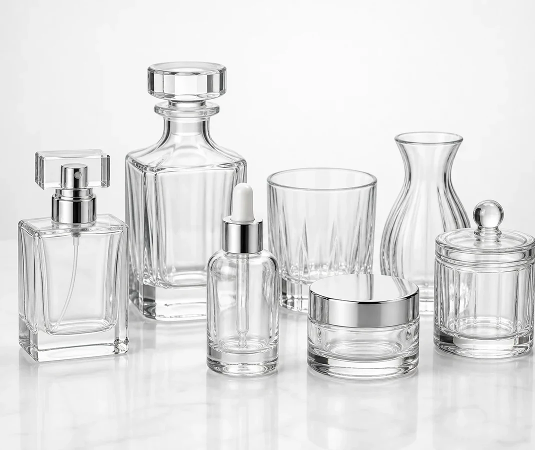 Crystal clear glass product family including perfume bottle, liquor bottle, serum bottle, cream jar, tumbler, vase and storage jar