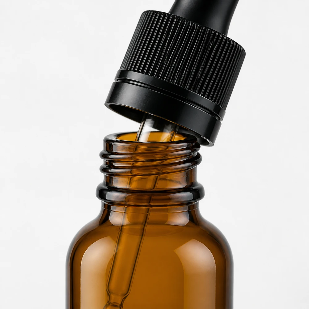 Amber Round Shoulder Dropper Bottle with closure for essential oil packaging - packing view