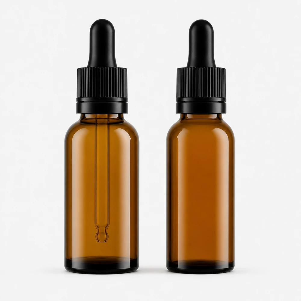 Amber Round Shoulder Dropper Bottle with closure for essential oil packaging - decoration view