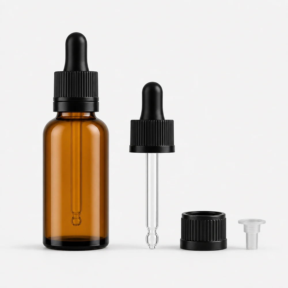Essential Oil Bottle and Dropper Closure Set with closure for essential oil packaging - front view