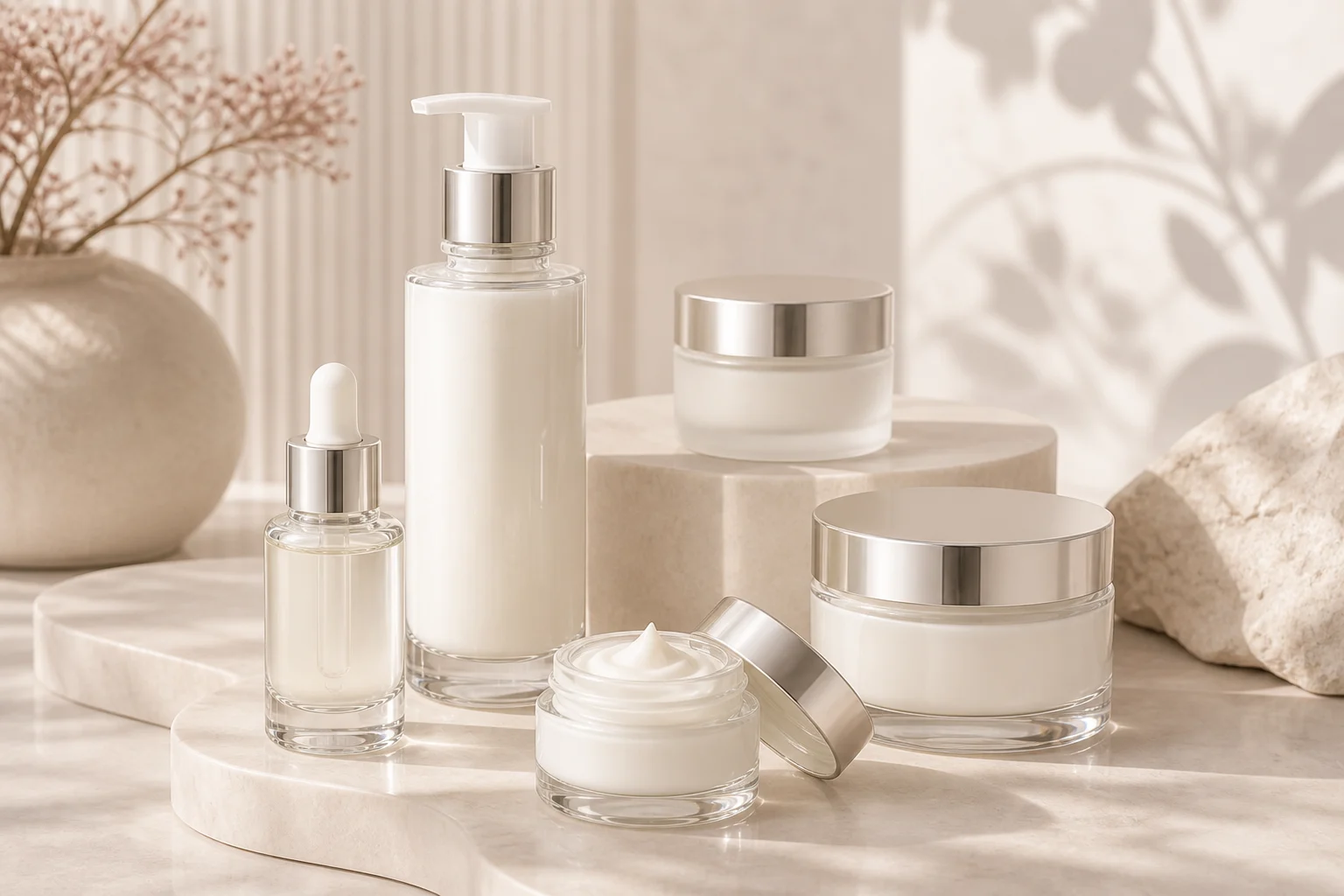 Premium skincare glass packaging with cream jars, lotion pump bottle and serum bottle
