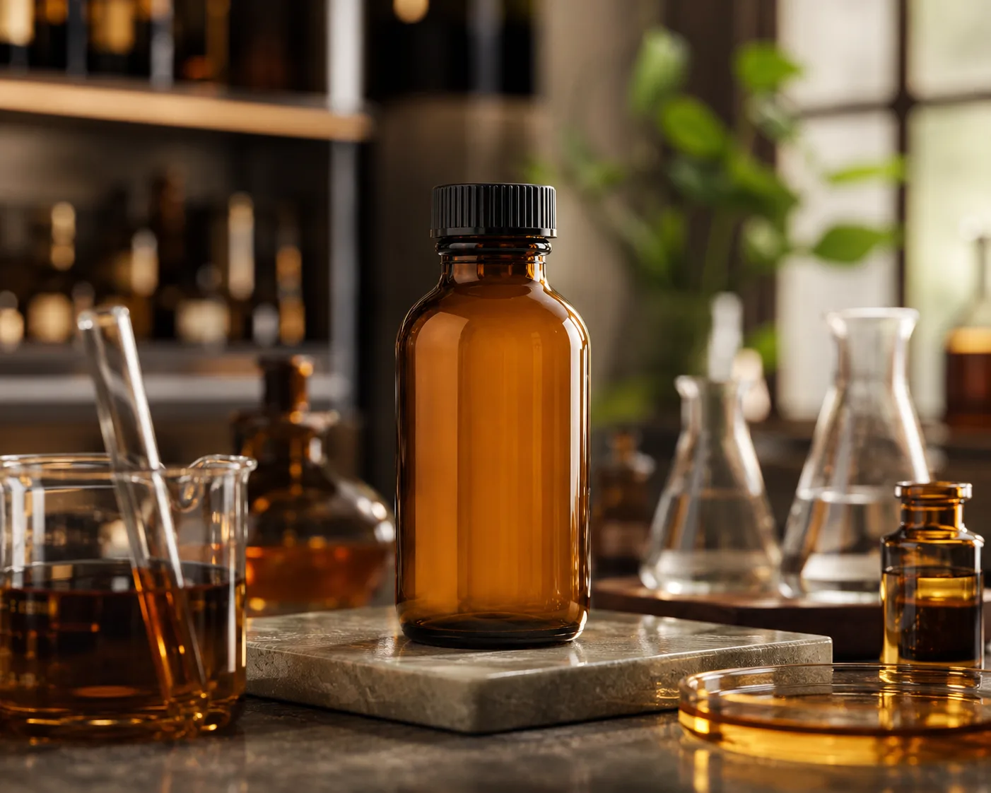 Amber Glass Apothecary Bottle in an amber glass packaging display for apothecary and wellness.