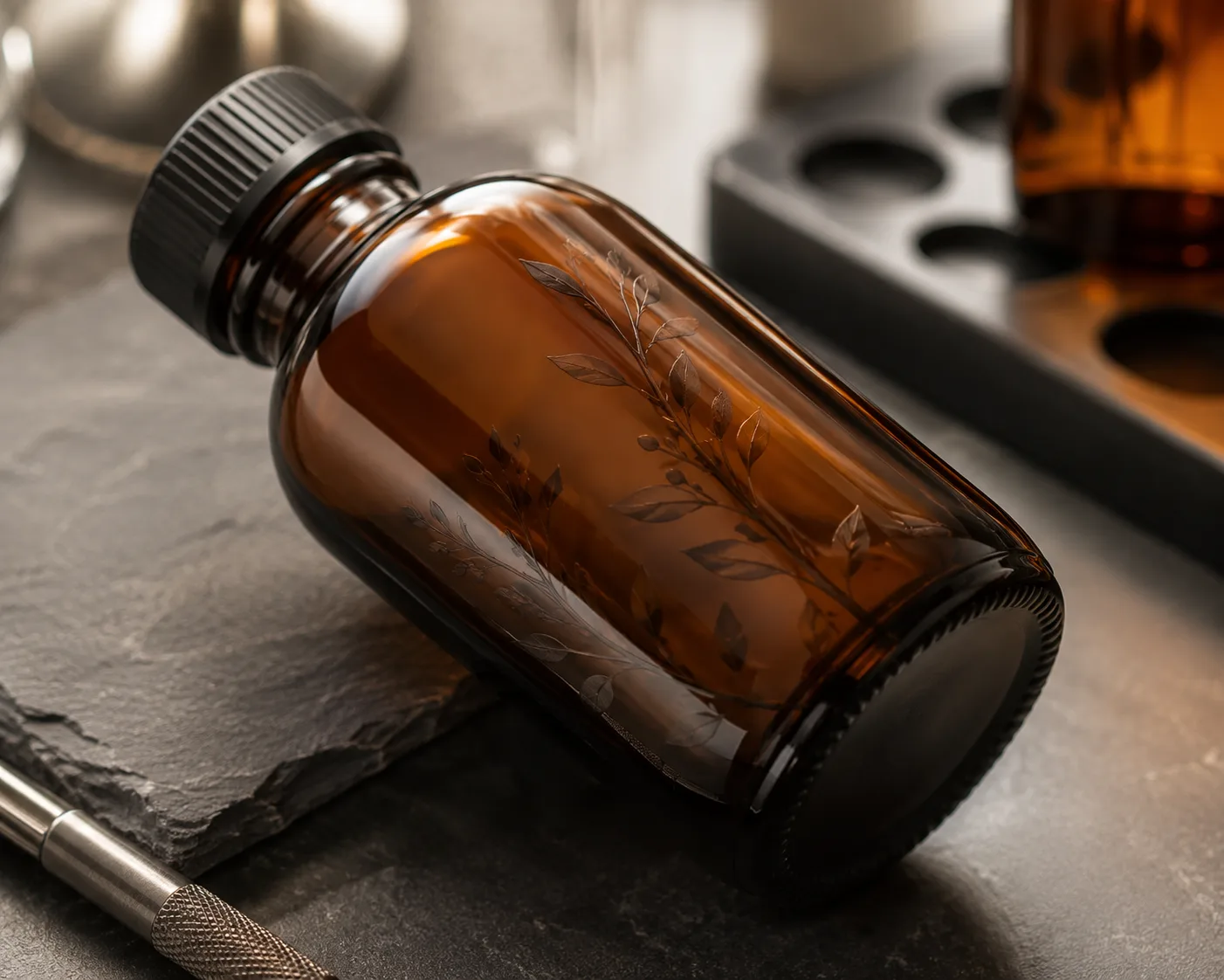Amber Glass Apothecary Bottle in a coordinated amber glass product presentation.