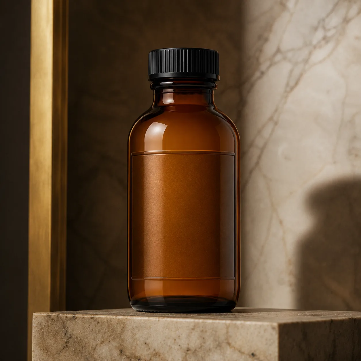 Amber Glass Apothecary Bottle with black ribbed cap and recessed label panel