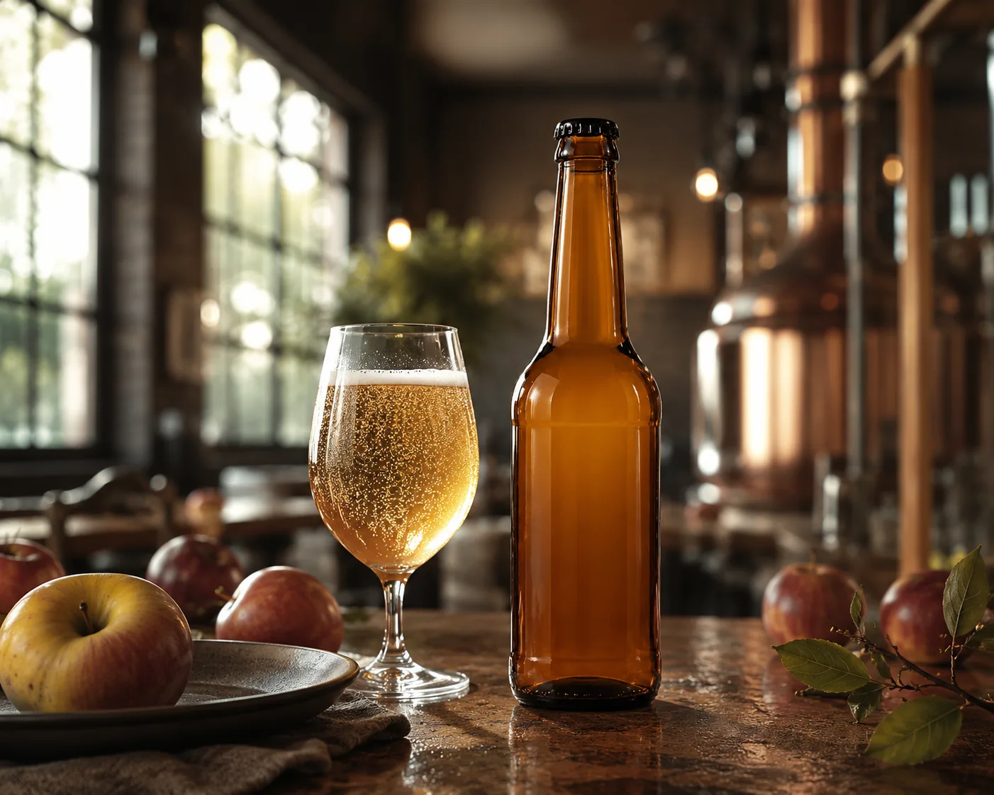 Amber Glass Cider Bottle in an amber glass packaging display for cider and beer.