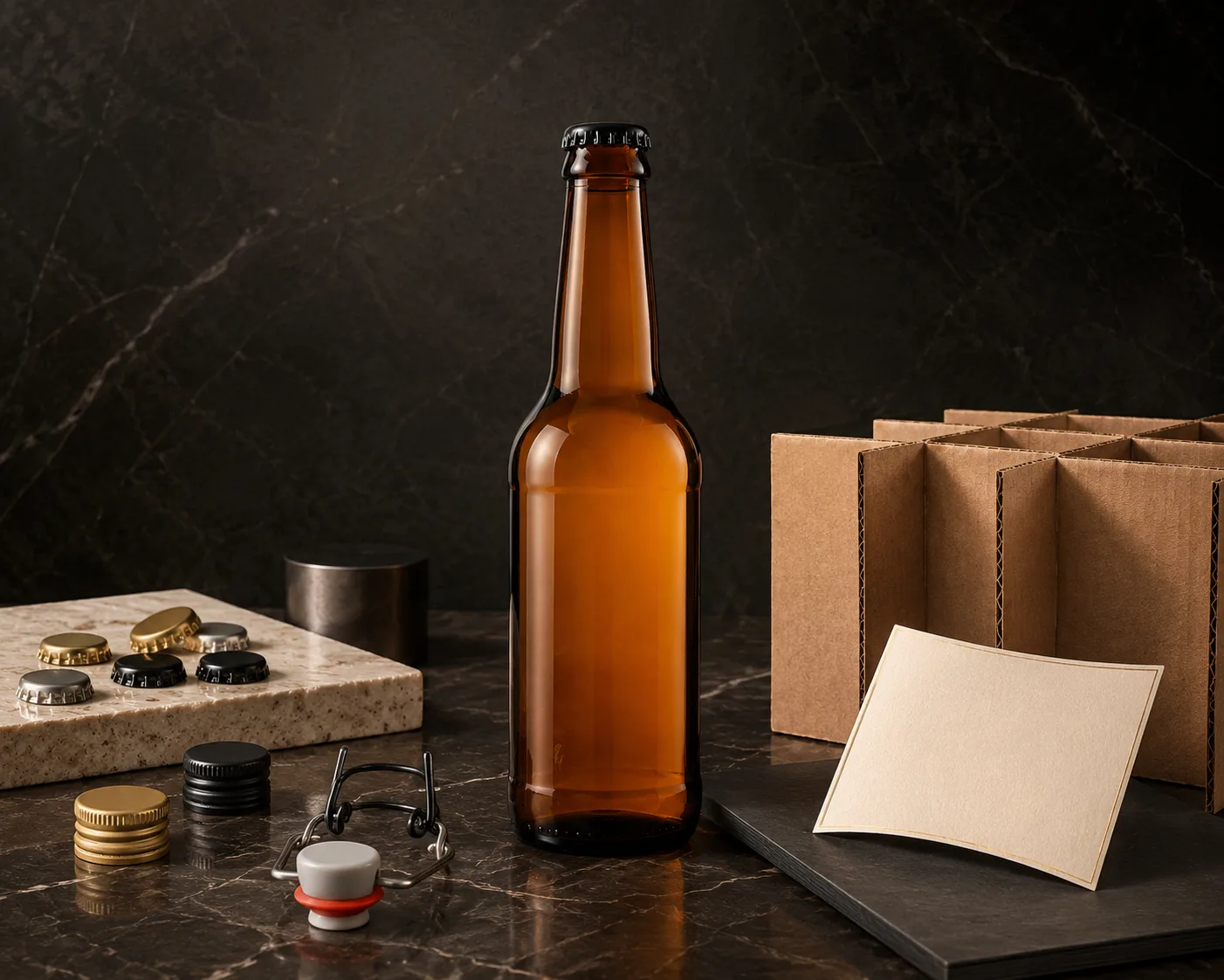 Amber Glass Cider Bottle in a secondary view highlighting the label area and amber glass color.