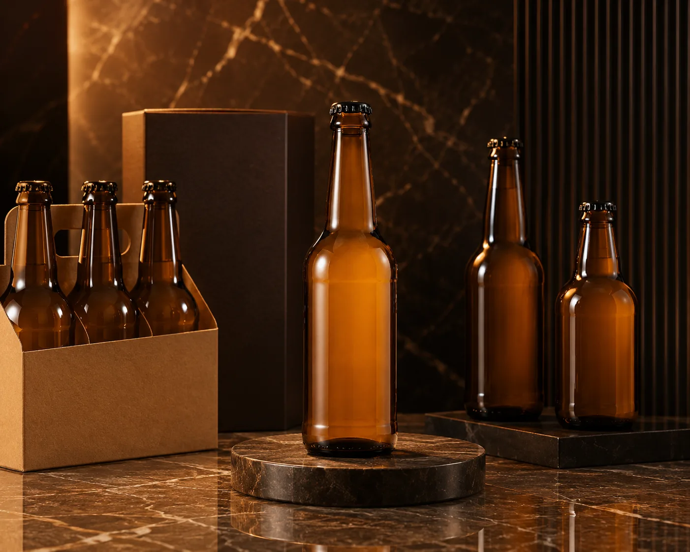 Close-up of Amber Glass Cider Bottle showing the shoulder, base and glass finish.