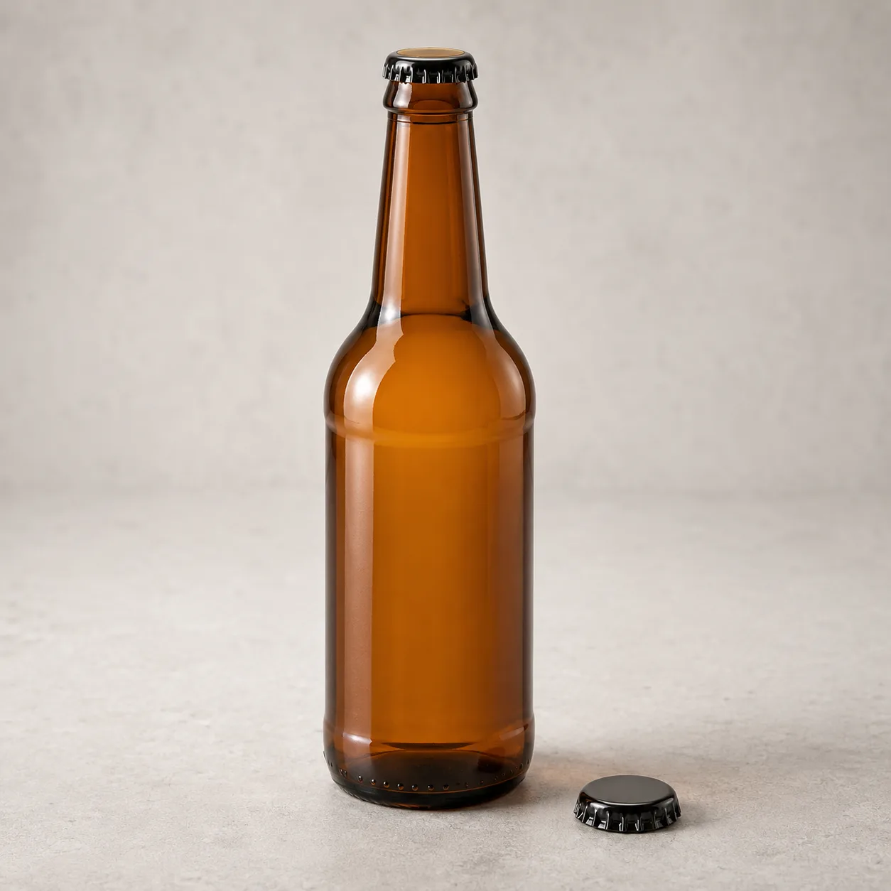 Angled side view of Amber Glass Cider Bottle showing the outer profile