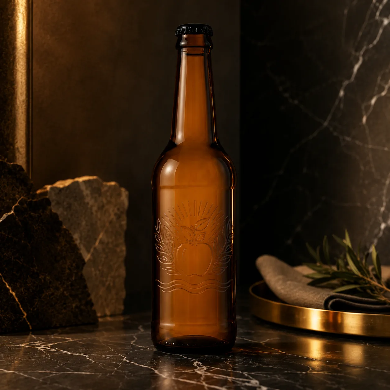 Amber Glass Cider Bottle with crown cap and embossed apple label panel