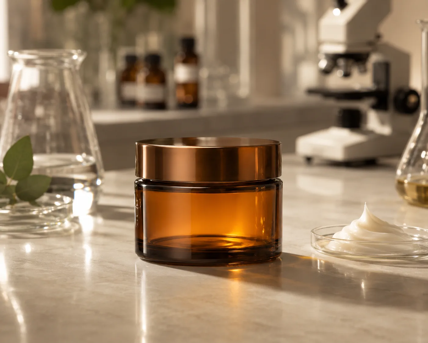 Amber Glass Cream Jar in an amber glass packaging display for creams and balms.
