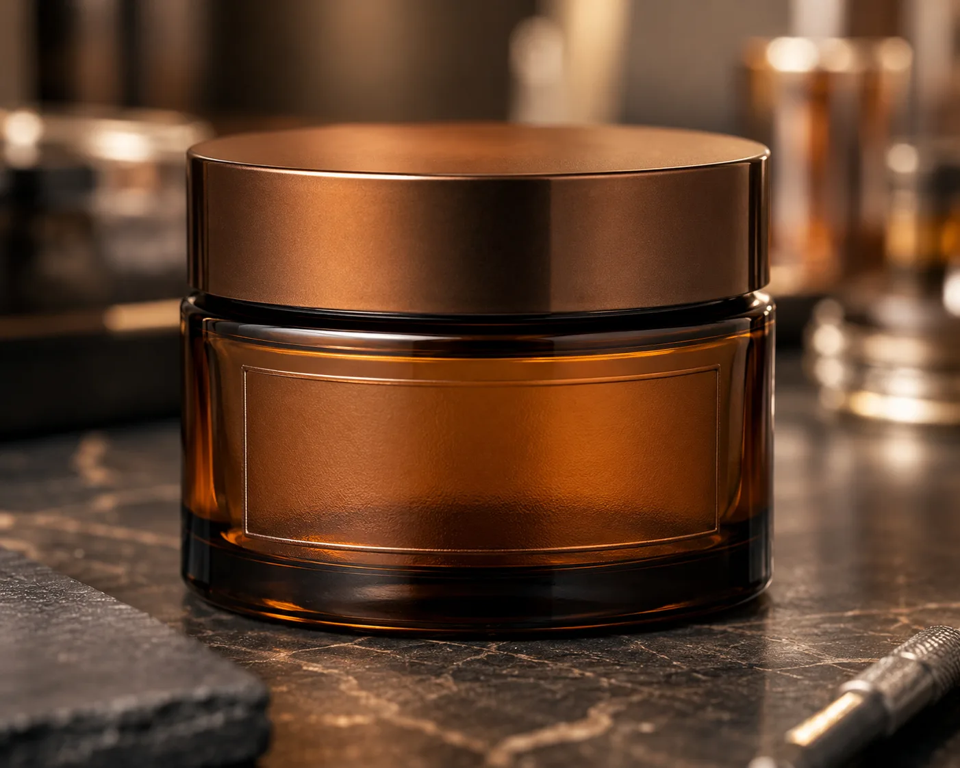 Amber Glass Cream Jar in a coordinated amber glass product presentation.