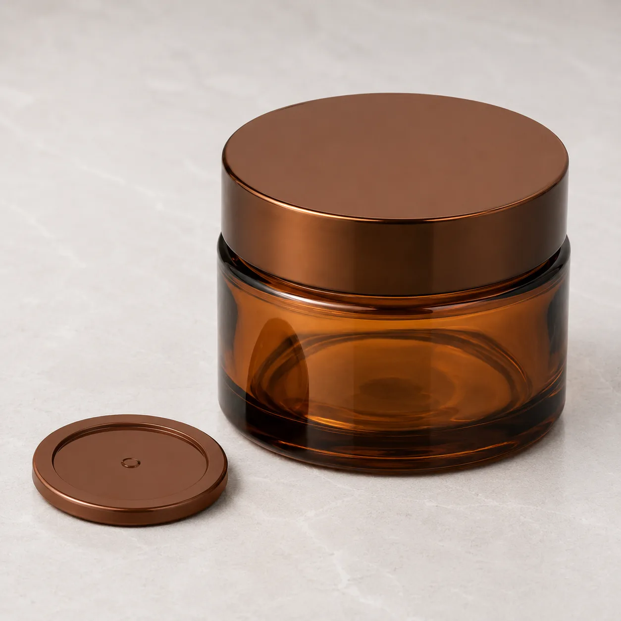 Angled side view of Amber Glass Cream Jar showing the outer profile