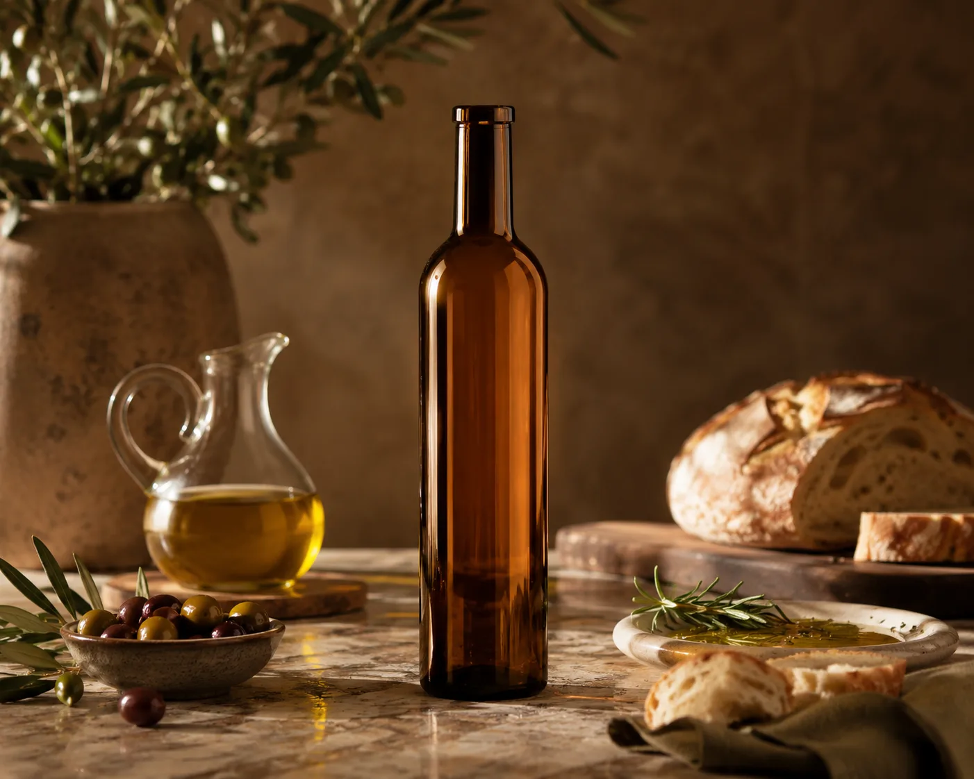 Amber Glass Dorica Oil Bottle in an amber glass packaging display for oils and wellness liquids.
