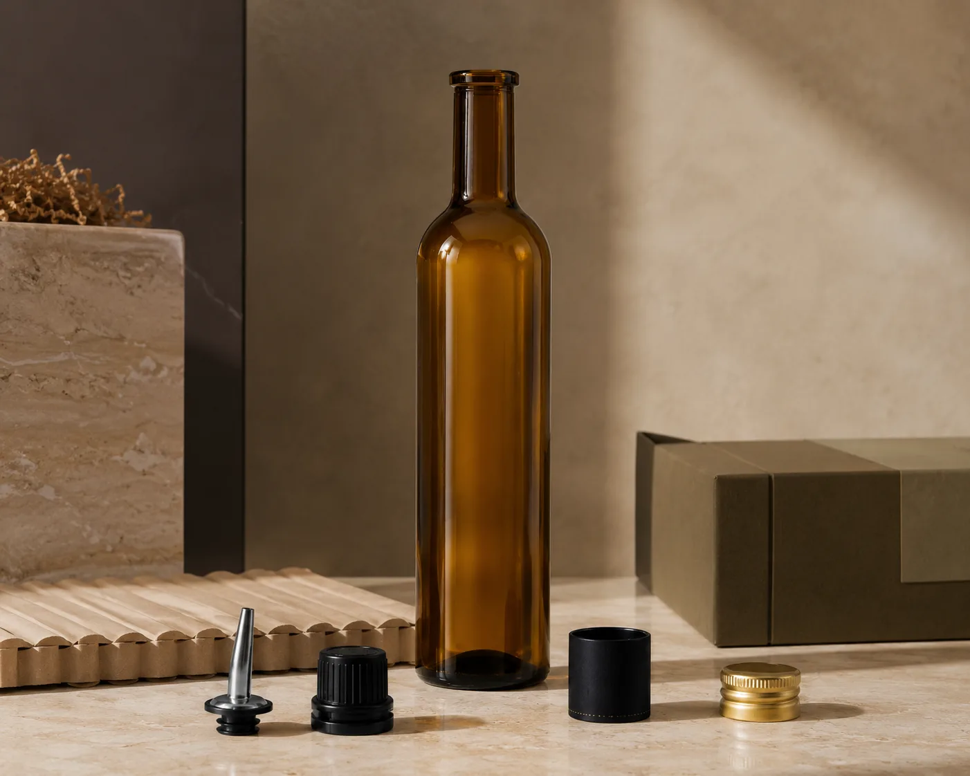 Amber Glass Dorica Oil Bottle in a secondary view highlighting the label area and amber glass color.