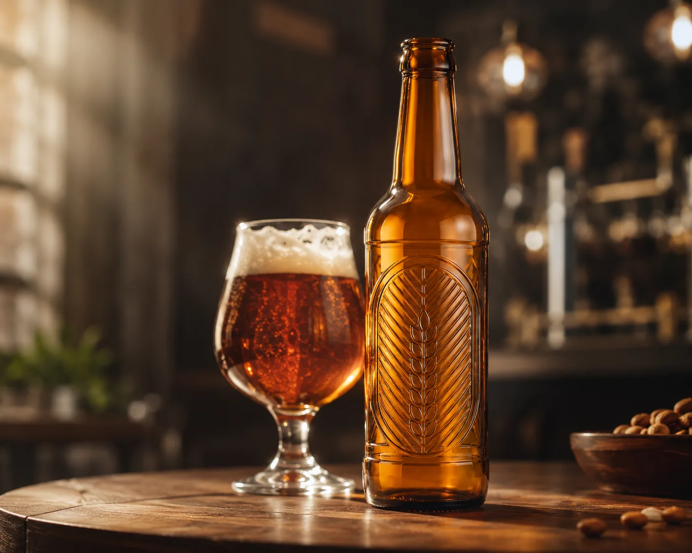 Amber Glass Embossed Beverage Bottle in an amber glass packaging display for beer and cider.