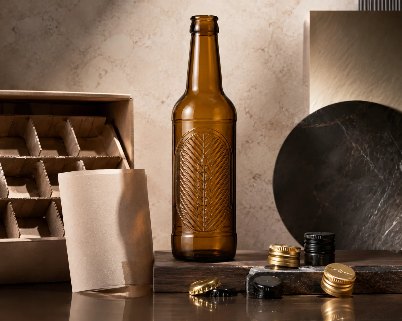 Amber Glass Embossed Beverage Bottle in a secondary view highlighting the label area and amber glass color.