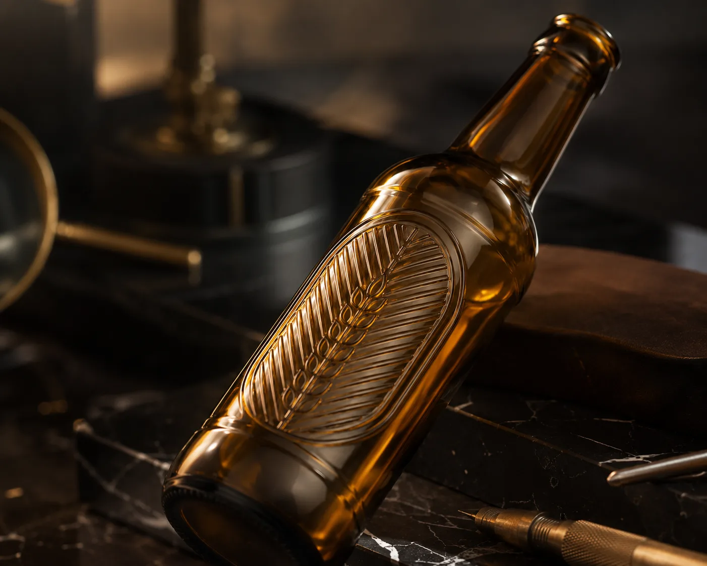 Amber Glass Embossed Beverage Bottle in a coordinated amber glass product presentation.