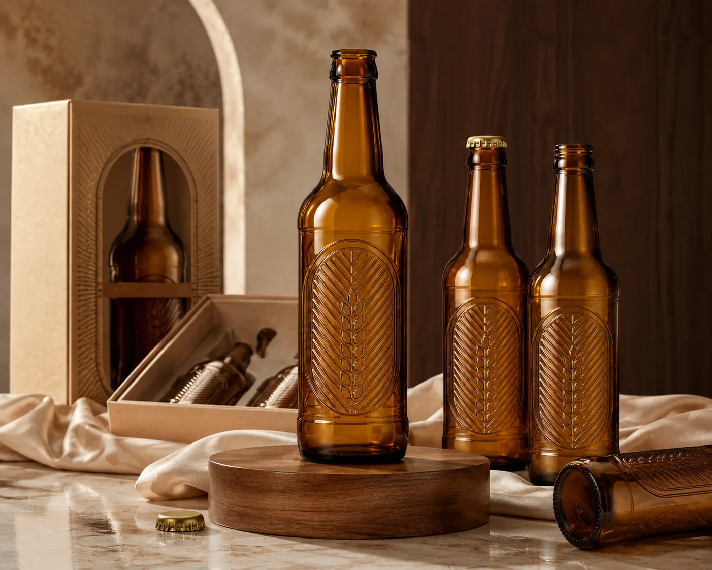 Close-up of Amber Glass Embossed Beverage Bottle showing the shoulder, base and glass finish.