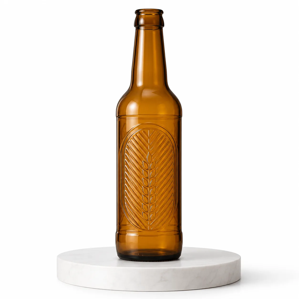 Amber Glass Embossed Beverage Bottle front view with visible amber embossed beverage bottle form